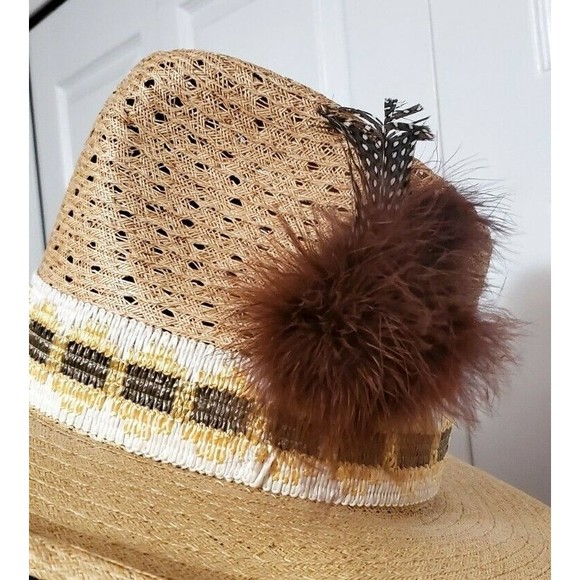 HUSH PUPPIES Mens Western Straw Cowboy Hat Band Wide Brim Feathers Sz 6 3/4 EUC - Picture 4 of 6